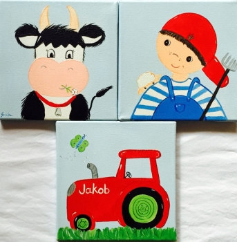 kleiner Bauer,Kuh und Traktor 3-teiliges Bild